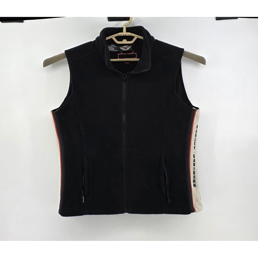 Harley Davidson Womens Size XL Vest Black Fleece Full Zip Biker Side Stripe Logo